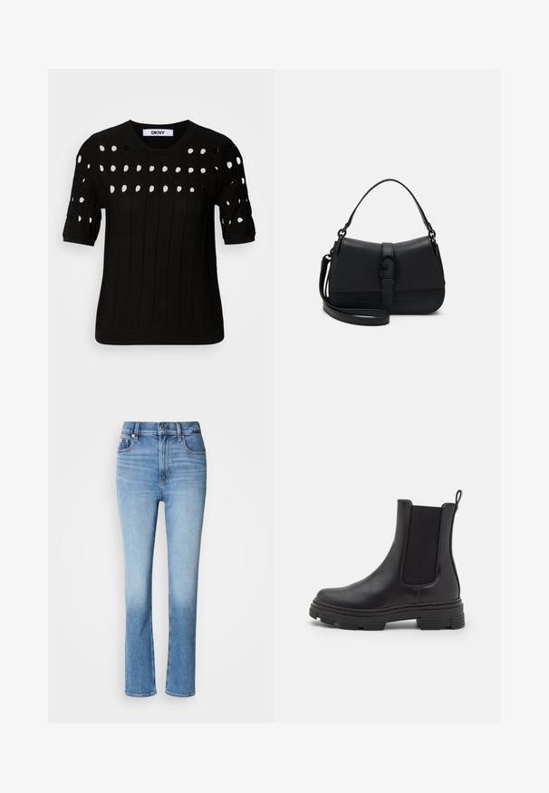 Sort strikket sweater med korte ærmer, ribbet tekstur og rund halsudskæring. Flere udskæringer danner et mønster hen over forsiden.; Blå denimjeans med høj talje, lige ben-design, falmede farvegradient og fem-lomme stil. Metalknap- og lynlås-lukning.; Sort læder ankelstøvle med elastiske sidepaneler, rund tå og tekstureret gummisål. Har en sløjfe bagpå for nem påtagning.; Sort læderhåndtaske med en struktureret form, top-håndtag og aftagelig skulderrem. Har en spænde-åbning og glat overflade.