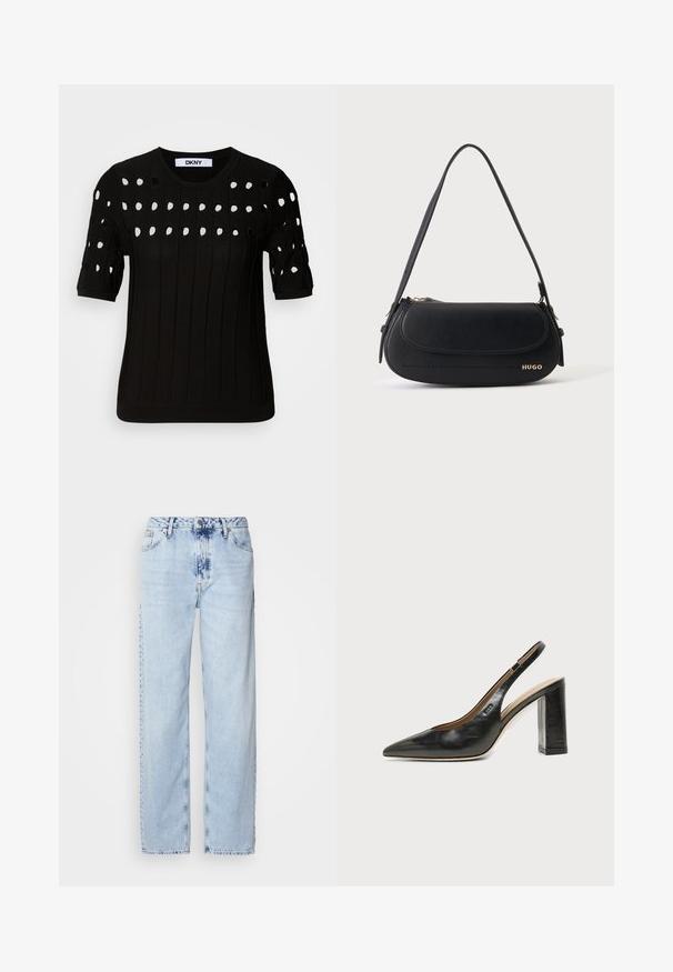 Suéter negro de punto con mangas cortas, textura acanalada y escote redondo. Múltiples agujeros recortados crean un patrón en la parte frontal.; Jeans de pierna ancha en azul claro, confeccionados en denim, con una cintura alta, un lavado desgastado y un sutil patrón de tie-dye en la parte delantera.; Zapato slingback de piel negra con puntera puntiaguda, tacón alto y ancho, y forro interior beige sobre un fondo claro y liso.; Bolso de hombro de cuero negro con solapa curva, logo dorado "HUGO" en el frente y una correa ajustable.