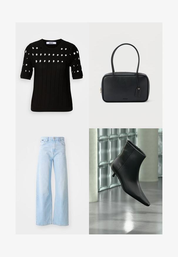 Pull en tricot noir avec des manches courtes, texture côtelée et encolure ronde. Plusieurs découpes créent un motif sur le devant.; Jeans à jambes larges bleu clair en denim, à taille haute, avec poches avant, fermeture à bouton et détails de couture au bas.; Bottine en cuir noir à bout pointu et petit talon kitten, présentée en angle devant un sol poli et un mur en blocs de verre.; Sac à main rectangulaire noir avec doubles poignées arrondies, fermeture éclair dorée et logo "HUGO" embossé sur le devant avec une étiquette en cuir attachée.