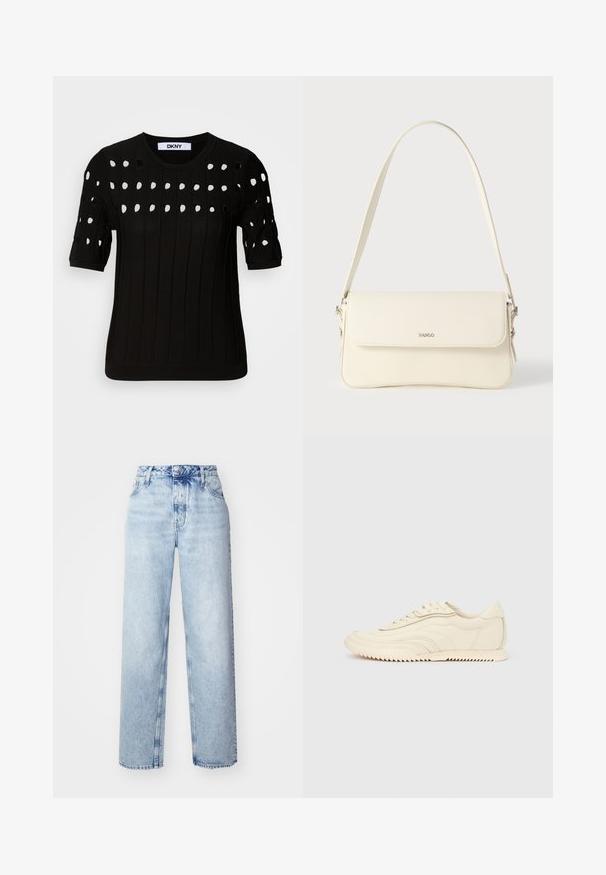 Schwarzer Strickpullover mit kurzen Ärmeln, geripptem Material und runden Ausschnitt. Mehrere Ausstanzungen bilden ein Muster über die Vorderseite.; Hellblaue High-Waist-Jeans mit lockerer Passform, geradem Bein, fünf Taschen und klassischem Knopf- und Reißverschluss.; Niedrig geschnittener, cremefarbener Sneaker mit wellenförmiger Naht, Schnürverschluss und einer profilierten Sohle, seitlich auf einem einfarbigen Hintergrund dargestellt.; Schultertasche aus cremefarbenem Leder mit Klappverschluss, silbernen Beschlägen, einem verstellbaren Riemen und einem dezenten Logodetail.