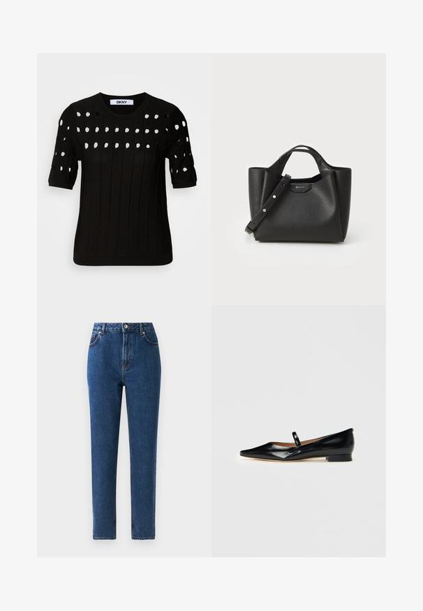 Sort strikket sweater med korte ærmer, ribbet tekstur og rund halsudskæring. Flere udskæringer danner et mønster hen over forsiden.; Højtaljede blå denimjeans med lige ben, fem lommer, metalknaplukning og syede detaljer langs sømmene.; Sorte patenterede læder Mary Jane flade sko med spids tå, én rem og lav hæl på ensfarvet baggrund.; Sort læderhåndtaske med tekstureret overflade, struktureret form, to korte håndtag og en aftagelig skulderrem. Har en logo-plade.