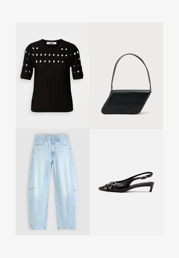Suéter negro de punto con mangas cortas, textura acanalada y escote redondo. Múltiples agujeros recortados crean un patrón en la parte frontal.; Jeans de mezclilla azul claro con un ajuste relajado, que presentan una cintura alta, diseño de cinco bolsillos y un ligero desvanecimiento con detalles de dobladillo deshilachado.; Zapato slingback de cuero negro con punta puntiaguda, tres hebillas plateadas en la parte delantera y tacón bajo tipo «kitten» sobre fondo blanco.; Bolso de hombro de cuero negro con forma triangular, logo en relieve y una sola correa ajustable. Diseño minimalista con textura suave.