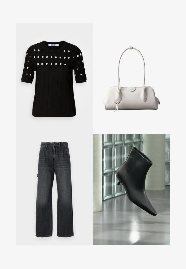 Suéter negro de punto con mangas cortas, textura acanalada y escote redondo. Múltiples agujeros recortados crean un patrón en la parte frontal.; Jeans de pierna ancha en denim gris oscuro, con una cintura alta, bolsillos frontales y un sutil desgaste en los muslos. Detalle de costura en contraste.; Botín negro de cuero con punta puntiaguda y tacón bajo estilo kitten, mostrado en ángulo sobre un suelo pulido y con una pared de bloques de vidrio de fondo.; Bolso de hombro blanco de Calvin Klein con asas largas, forma rectangular, cierre de cremallera y charm decorativo con el logo colgando cerca del asa.
