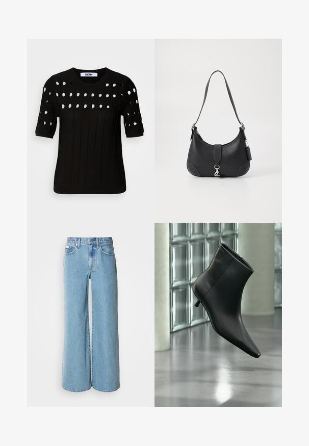 Suéter negro de punto con mangas cortas, textura acanalada y escote redondo. Múltiples agujeros recortados crean un patrón en la parte frontal.; Jeans de mezclilla de corte ancho en un tono azul claro, con cintura alta, diseño de cinco bolsillos y un ligero desgastado en la tela.; Botín negro de cuero con punta puntiaguda y tacón bajo estilo kitten, mostrado en ángulo sobre un suelo pulido y con una pared de bloques de vidrio de fondo.; Bolso de mano de cuero negro con forma curvada, asas superiores, herrajes plateados y costuras en contraste. Cuenta con una correa frontal y acentos de costura.