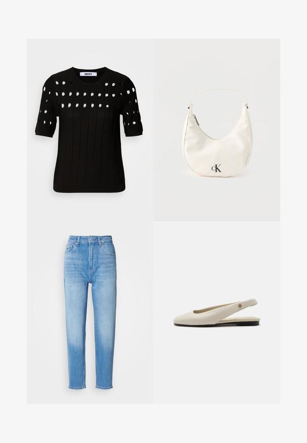 Suéter negro de punto con mangas cortas, textura acanalada y escote redondo. Múltiples agujeros recortados crean un patrón en la parte frontal.; Jeans de mezclilla azul claro con un diseño de cintura alta y pierna recta, y un ligero desvanecimiento en los muslos. Incluye bolsillos frontales y trabillas para cinturón.; Zapato plano slingback de cuero color crema con puntera redondeada y pequeño emblema dorado en la correa.; Pequeño bolso blanco en forma de media luna con correa corta, cierre de cremallera y logo negro "cK" en el frente.