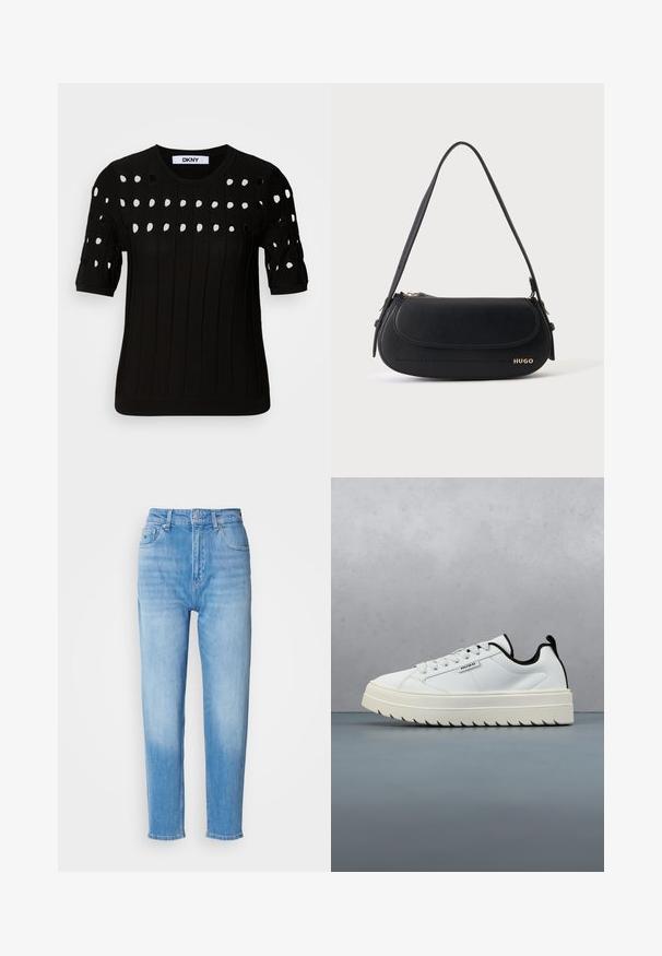 Pull en tricot noir avec des manches courtes, texture côtelée et encolure ronde. Plusieurs découpes créent un motif sur le devant.; Jean en denim bleu clair avec une taille haute, une coupe droite et un léger délavage au niveau des cuisses. Comprend des poches avant et des passants de ceinture.; Baskets blanches en cuir avec une semelle épaisse et texturée au design dentelé. Des accents noirs sur le talon et la languette ajoutent du contraste.; Sac à épaule en cuir noir avec rabat incurvé, logo doré "HUGO" sur le devant, et une bandoulière réglable.