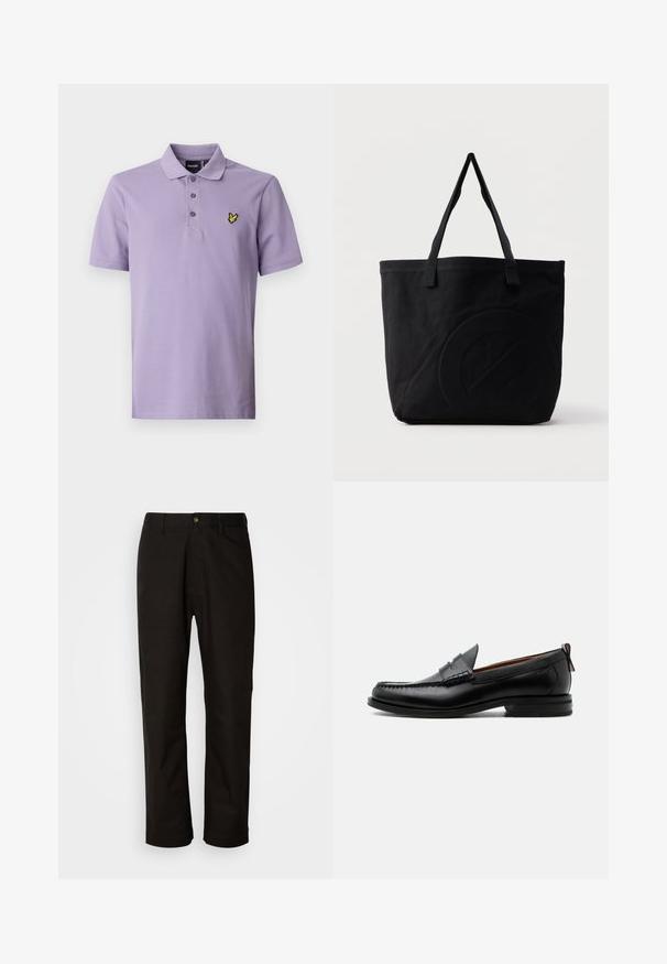 Polo en lilas clair avec une patte de boutonnage à trois boutons, des manches courtes et un logo brodé jaune sur la poitrine. Tissu en coton doux.; Pantalon en coton noir avec une coupe droite, des passants de ceinture, une fermeture éclair à l'avant et un seul bouton. Texture lisse sans motifs visibles.; Mocassin homme en cuir noir avec couture moc toe, bride penny, col texturé et petit talon empilé sur fond blanc.; Sac fourre-tout en toile noire avec deux bandoulières et un motif circulaire discret en relief sur le devant.