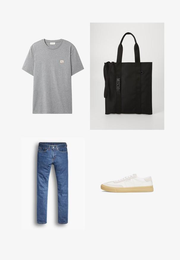 Graues kurzärmeliges Baumwoll-T-Shirt mit Rundhals und kleinem weißem quadratischem Aufnäher mit roten CK-Buchstaben auf der linken Brust.; Denim-Jeans in einer mittelblauen Waschung mit geradem Bein, ausgestattet mit fünf Taschen, einem Knopf- und Reißverschluss und subtilen Stichakzenten.; Weiße Sneaker aus Leder und Wildleder, mit einem Schnürdesign, einer hellbraunen Gummisohle und einem kleinen Logo an der Seite.; Schwarze Tragetasche aus strapazierfähigem Material mit kurzen Griffen und einem verstellbaren Schultergurt. Verfügt über ein geprägtes Logo entlang des Gurtes.