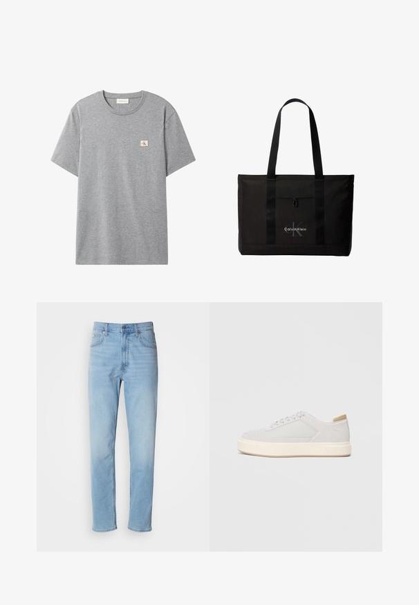 Graues kurzärmeliges Baumwoll-T-Shirt mit Rundhals und kleinem weißem quadratischem Aufnäher mit roten CK-Buchstaben auf der linken Brust.; Hellblaue Jeans mit geradem Schnitt, fünf Taschen und Gürtelschlaufen. Der Stoff hat eine glatte Textur mit einem leichten Verblassungseffekt.; Hellgraue Sneaker mit einer glatten Synthetik-Oberfläche, runder Spitze und einer strukturierten cremefarbenen Zwischensohle. Helle tanfarbene Akzente an der Ferse.; Schwarze Calvin Klein Tote-Tasche mit zwei langen Griffen und Fronttasche, mit dem Markenlogo in Weiß und Grau.