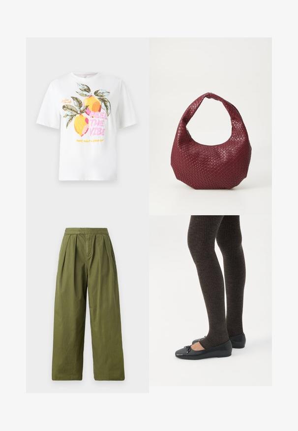 T-shirt en coton blanc arborant un design graphique de deux citrons jaunes avec des feuilles vertes, accompagné d'un texte coloré : "RESSENS L'AMBiance."; Pantalons larges en vert olive en tissu léger, avec des plis à la taille et une texture uniforme sans poches.; Jambes portant des leggings côtelés foncés associés à des ballerines noires avec de petits détails en nœud sur fond blanc.; Sac à main tissé bordeaux avec une silhouette arrondie, une seule poignée et une finition texturée. Fermeture zippée en haut.