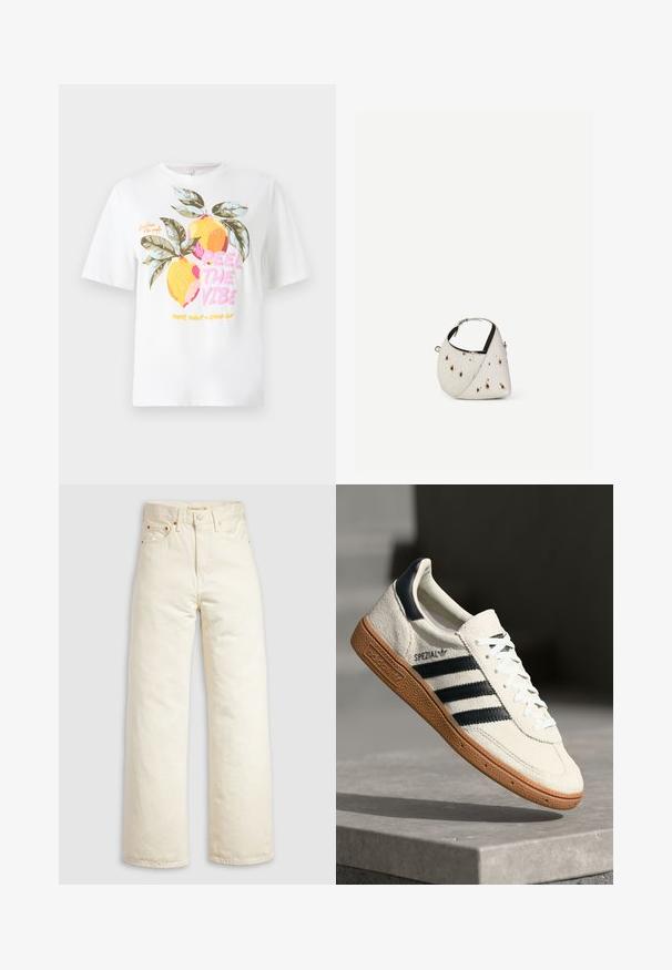 T-shirt en coton blanc arborant un design graphique de deux citrons jaunes avec des feuilles vertes, accompagné d'un texte coloré : "RESSENS L'AMBiance."; Jean à jambes larges en denim écru, doté d'une taille haute, de rivets en cuivre et d'un design classique à cinq poches. Tissu texturé avec des ourlets nets.; Baskets en daim blanc avec des bandes navy, semelle en caoutchouc gomme, tige texturée, bout rond et lacets ; arbore un logo sur le côté et sur la languette.; Petit sac à main blanc avec des taches marron, forme triangulaire arrondie, doublure intérieure noire et bandoulière courte réglable avec boucle argentée.