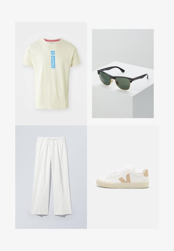 Kortærmet, lysegul bomulds T-shirt med et blåt "ALPHA" grafik og et rødt "REMOVE BEFORE FLIGHT" label på kraven.; Hvide bukser med vide ben, elastik i taljen og snor, med sidelommer og et blødt, let tekstureret stof.; Hvide sneakers med beige detaljer, glat lædermateriale, rund tå, flad gummisål og snørebånd foran med et logo på hælen.; Ray-Ban solbriller med grønne linser, sorte plastikstel og gyldne detaljer ved kanterne. Firkantet form med mat finish.