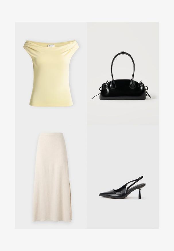 Top sans manches jaune pâle à épaules dénudées avec un léger drapé au niveau du col et une petite étiquette blanche de la marque à l'intérieur.; Jupe beige longueur cheville à coupe droite avec une fente latérale subtile, fabriquée en tissu texturé.; Chaussure à talon haut en cuir noir, à bride arrière, avec un bout pointu et un talon fin sur fond blanc.; Petit sac à main noir brillant avec deux longues anses et des détails à cordon sur les côtés sur un fond clair uni.