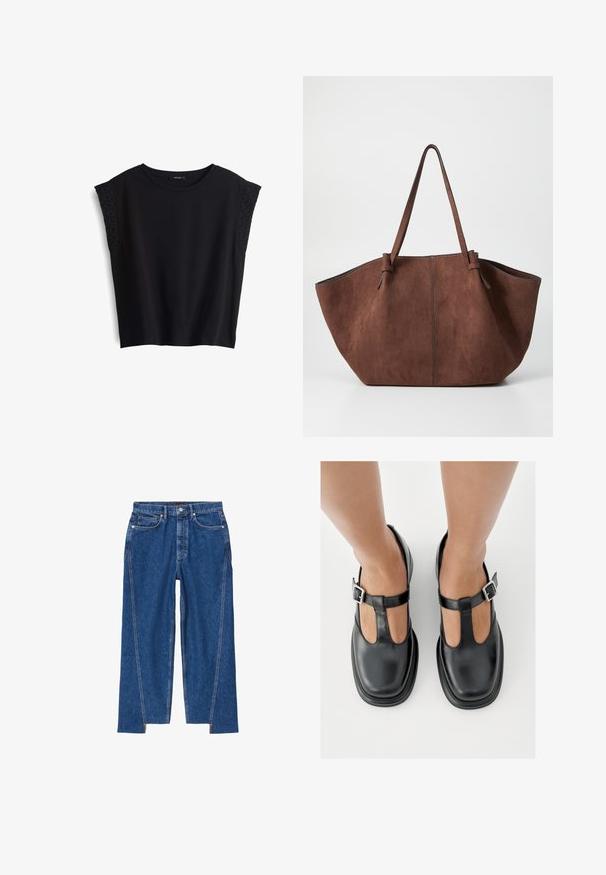 Schwarzes Kurzarmoberteil mit rundem Halsausschnitt. Weicher Stoff mit strukturierten, gestickten Akzenten an den Schultern. Legere Passform, ohne Verschlüsse.; Blaue Jeans aus Denim mit hoher Taille, Fronttaschen, Knopfleiste und Seitennähten, die in Knöchelschlitze übergehen.; Schwarze Lederschuhe mit T-Riemen-Design, geschlossenem Zehenbereich und silbernen Schnallenakzenten. Glatte Textur mit rundem Zehenbereich und flacher Sohle.; Braune Wildleder-Shopper-Tasche mit einer breiten, offenen Form, langen Griffen und dezenten Nähten entlang der Kanten. Keine sichtbaren Metallteile.