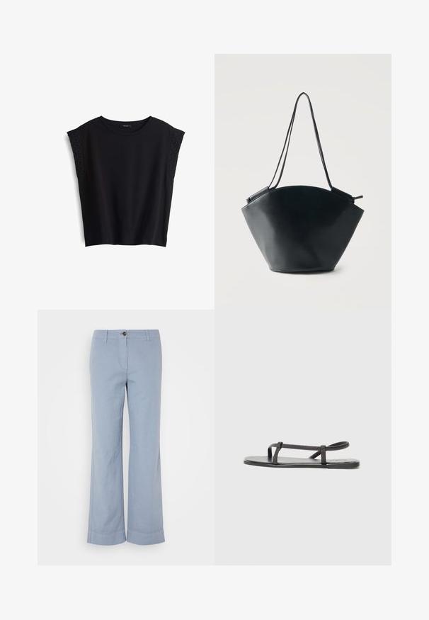 Zwart t-shirt met korte mouwen en een ronde halslijn. Zachte stof met textuur-geborduurde accenten op de schouderdelen. Casual pasvorm, geen sluitingen.; Lichtblauwe linnen broek met rechte pijpen, knoopsluiting en opgerolde zoom. Glad textuur, ontworpen voor casual gebruik.; Zwarte platte sandalen met dunne, gestructureerde banden en een minimalistisch ontwerp. De zool is glad en de algemene vorm is slank en ingetogen.; Zwarte leren bucketbag met brede afgeronde bodem en smalle dubbele schouderbanden tegen een effen lichte achtergrond.