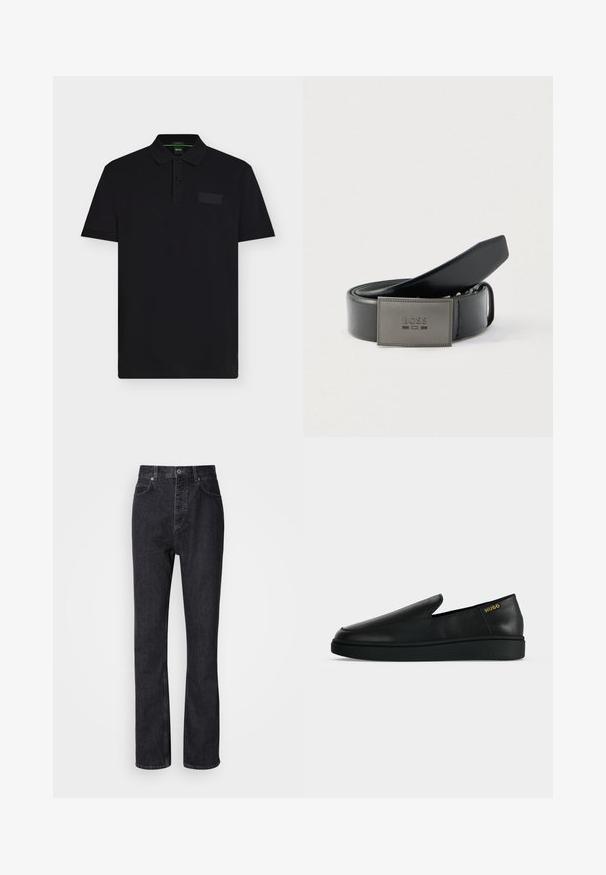 Polo noir à manches courtes avec deux boutons, un col et un discret patch logo rectangulaire sur la poitrine gauche.; Jean en denim noir taille haute avec fermeture à bouton et à glissière, poches avant et arrière, et coupe droite.; Chaussure noire en cuir à enfiler avec semelle épaisse et marquage "HUGO" en or près du talon sur un fond uni gris clair.; Ceinture en cuir noir avec une finition lisse, dotée d'une boucle rectangulaire en métal gris embossée du logo "BOSS". Design élégant et simple.