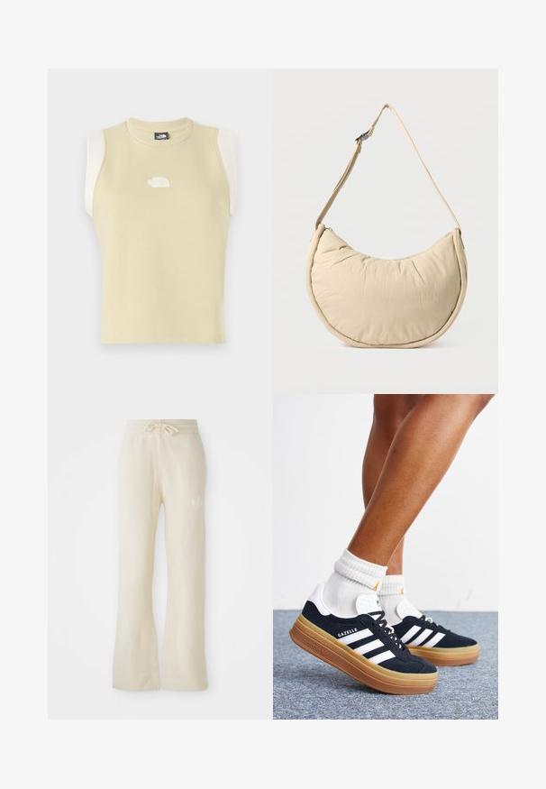 Top sin mangas de algodón en amarillo pastel con un escote redondeado. Presenta paneles en crema en los hombros que contrastan y un logo texturizado en el pecho.; Pantalones de chándal color crema con una textura suave, que cuentan con una cinturilla con cordón y piernas acampanadas. Detalle del logo sutil en la cadera izquierda.; Piernas con calcetines blancos y zapatillas Adidas Gazelle negras con rayas blancas y suelas marrones gruesas sobre un suelo alfombrado gris.; Bolso de hombro beige en forma de media luna con una textura suave y acolchada. Cuenta con una correa ajustable y un cierre de cremallera en el borde superior.