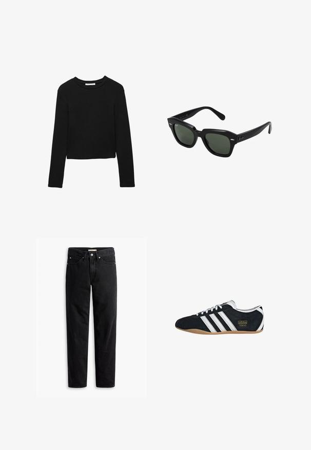 Sort langærmet cropped T-shirt lavet af blødt bomuld med klassisk rund halsudskæring og afslappet pasform. Ingen synlige mønstre eller accenter.; Sorte straight-leg jeans med knap- og lynlåslukning, bæltestropper samt for- og baglommer, vist fladt på hvid baggrund.; Sort ruskinds sneaker med hvide tre striber, guldlogo og en brun gummisål. Har et lavprofil snørebåndsdesign.; Sorte firkantede solbriller med mørkegrønne linser, der har kraftige stel og sølvdetaljer på siderne. Fremstillet i Italien.