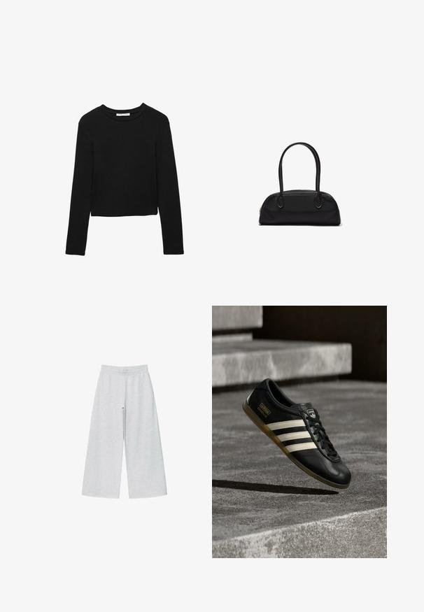 Sort langærmet cropped T-shirt lavet af blødt bomuld med klassisk rund halsudskæring og afslappet pasform. Ingen synlige mønstre eller accenter.; Lys grå vidtgående bukser lavet af blødt stof med elastisk talje. Designet har en løs pasform for komfort og bevægelsesfrihed.; Sort lædersneaker med hvidt trestribet design, teksturerede detaljer, sorte snørebånd og en gum-sål. Brandlogo synligt på tungen.; Sort læderhåndtaske med lange, runde håndtag og en buet, rektangulær form, der har en lynlåslukning øverst.