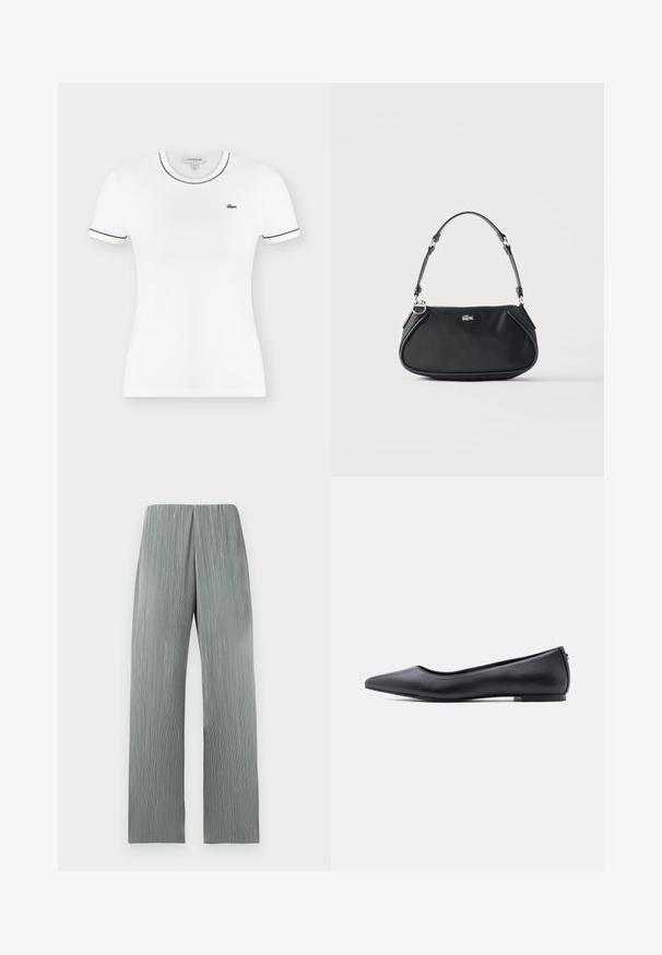 Chemise blanche ajustée à manches courtes avec bord foncé sur le col et les manches, avec un petit logo crocodile vert sur la poitrine gauche.; Pantalon large gris clair à taille haute avec des lignes texturées verticales, présenté sur un fond blanc uni.; Chaussure plate en cuir noire à bout pointu avec petit talon, vue de profil sur fond blanc.; Sac d'épaule noir avec sangle réglable, fermeture éclair et petit logo crocodile argenté au centre devant.