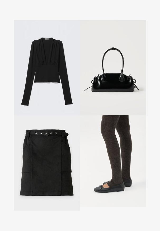 Blouse noire à manches longues avec décolleté en V profond, tissu froncé aux épaules et à la taille, et silhouette ajustée.; Jupe en daim noir avec une coupe ajustée, dotée de passants de ceinture, d'une boucle et de deux poches latérales. Texture lisse, design à hauteur de genoux.; Jambes portant des leggings côtelés foncés associés à des ballerines noires avec de petits détails en nœud sur fond blanc.; Petit sac à main noir brillant avec deux longues anses et des détails à cordon sur les côtés sur un fond clair uni.