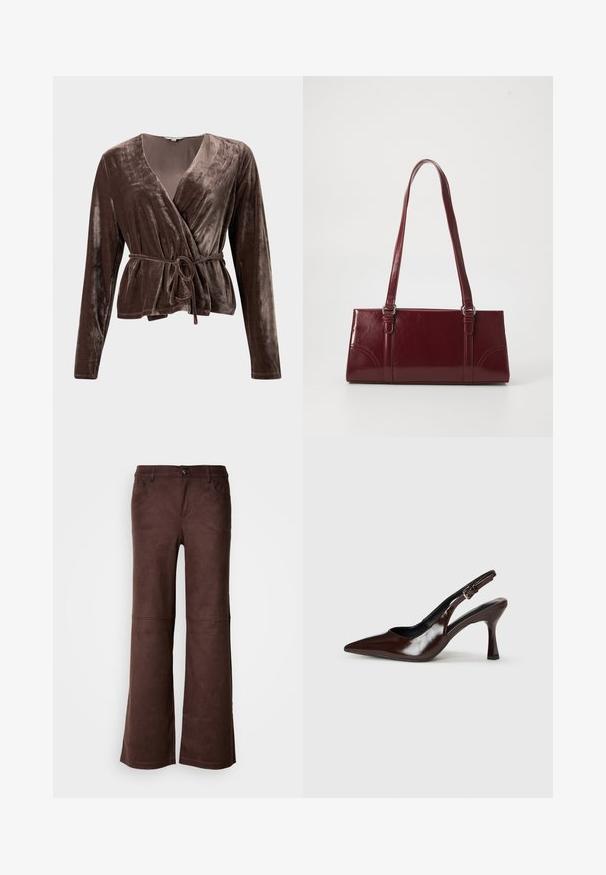 Top en velours marron avec des manches longues, décolleté en V et ceinture à nouer ajustable. Texture douce avec un léger éclat. Pas de motifs ni de matériel visible.; Pantalons évasés marron en tissu doux semblable à du daim. Comprend quatre poches, une fermeture à bouton et une surface lisse et texturée.; Talons slingback en cuir verni brun avec un bout pointu, un talon fin, et une sangle réglable avec une petite boucle.; Sac à main bordeaux en matériau brillant, de forme rectangulaire, avec deux anses et des accents légèrement courbés à l'avant.