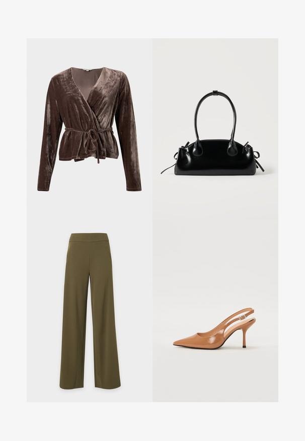 Top en velours marron avec des manches longues, décolleté en V et ceinture à nouer ajustable. Texture douce avec un léger éclat. Pas de motifs ni de matériel visible.; Pantalon large vert olive avec taille haute et poches latérales sur fond blanc.; Escarpin à talon slingback à bout pointu en matériau beige lisse et brillant. Présente un design de découpes courbées et un talon aiguille fin. Détail de boucle en argent.; Petit sac à main noir brillant avec deux longues anses et des détails à cordon sur les côtés sur un fond clair uni.