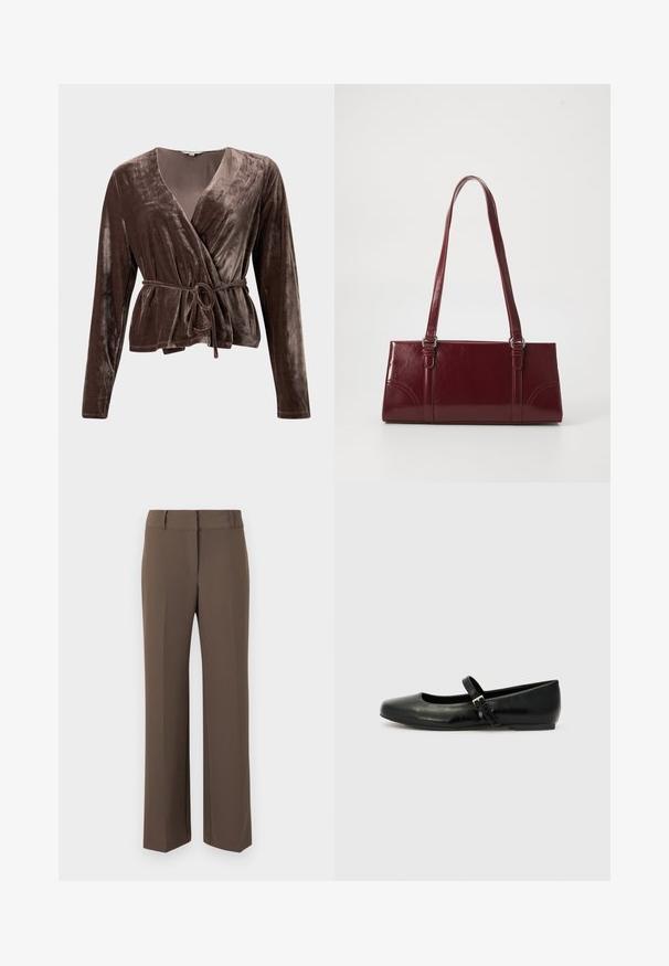Top en velours marron avec des manches longues, décolleté en V et ceinture à nouer ajustable. Texture douce avec un léger éclat. Pas de motifs ni de matériel visible.; Pantalon brun à jambes droites avec passants pour ceinture, détail de couture avant et taille haute, présenté sur un fond neutre.; Ballerines en cuir noir avec un bout arrondi, une semelle plate et une fine sangle ajustable sur le cou-de-pied avec une boucle en métal.; Sac à main bordeaux en matériau brillant, de forme rectangulaire, avec deux anses et des accents légèrement courbés à l'avant.