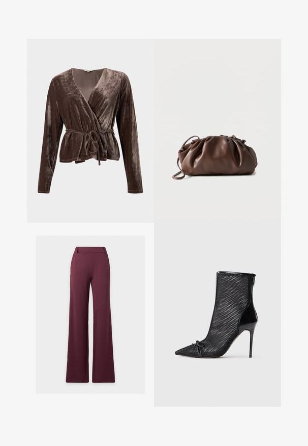 Top en velours marron avec des manches longues, décolleté en V et ceinture à nouer ajustable. Texture douce avec un léger éclat. Pas de motifs ni de matériel visible.; Pantalon large taille haute pour femme en bordeaux foncé avec passants de ceinture et sans poches visibles.; Bottines en maille noire avec un bout pointu, un talon aiguille et un détail de nœud décoratif à l'avant. Présente une finition brillante au niveau du talon et de la fermeture éclair.; Sacoche en cuir marron doux avec un haut froncé et une fine bandoulière, posée sur un fond blanc.