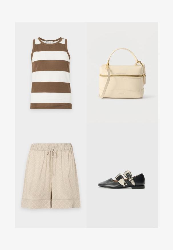Haut sans manches à rayures marron et blanches en tissu côtelé. Il présente un encolure ronde et un petit logo à l'avant.; Shorts beiges en tissu doux avec une taille élastique, un cordon de serrage et une texture à motif en losanges. Comprend un ourlet à revers.; Chaussure plate en cuir noir avec un bout pointu, des accents de boucle en argent et des rivets décoratifs. Elle possède un petit talon et une texture lisse.; Petit sac à main en cuir crème avec poignée supérieure, bandoulière amovible et fermeture éclair dorée sur le devant.