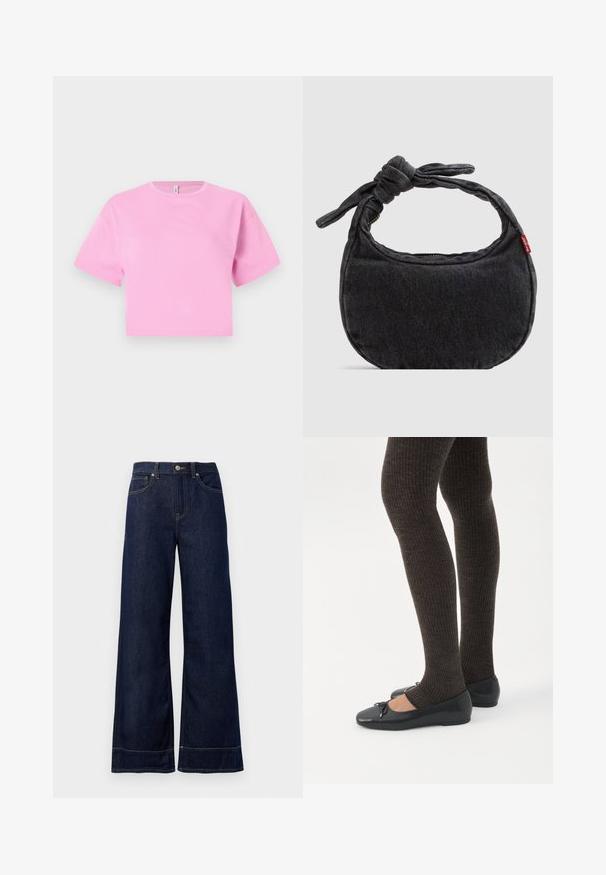 Κοντό ροζ cropped t-shirt από απαλό βαμβακερό υλικό, με στρογγυλή λαιμόκοψη και κοντά μανίκια. Απλός σχεδιασμός, χωρίς μοτίβα ή διακοσμητικά.; Σκούρες μπλε φαρδιές τζιν παντελόνες φτιαγμένες από τζιν ύφασμα. Διαθέτουν κούμπωμα με κουμπί, ραφές και πλαϊνές τσέπες. Φαρδύ στρίφωμα στο κάτω μέρος.; Πόδια με σκουρόχρωμα ριμπ κολάν συνδυασμένα με μαύρα μπαλαρίνα παπούτσια με μικρές λεπτομέρειες φιόγκων σε λευκό φόντο.; Μικρή μαύρη τσάντα ώμου από τζιν με λουράκι κόμπο και κλείσιμο με φερμουάρ, με κόκκινη υφασμάτινη ετικέτα Levi's στο πλευρό.