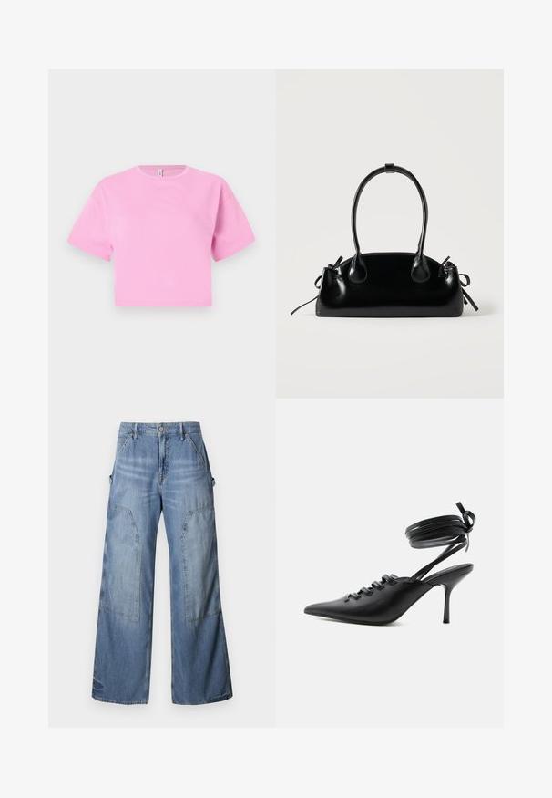 Κοντό ροζ cropped t-shirt από απαλό βαμβακερό υλικό, με στρογγυλή λαιμόκοψη και κοντά μανίκια. Απλός σχεδιασμός, χωρίς μοτίβα ή διακοσμητικά.; Good American GOOD EASE RELAXED - Τζιν χαλαρής εφαρμογής - indigo; Μαύρο μυτερό παπούτσι με ψηλό τακούνι, με δέσιμο μπροστά και λουριά που τυλίγονται γύρω από τον αστράγαλο και δένονται φιόγκος, εμφανίζεται από το πλάι σε λευκό φόντο.; Μικρή μαύρη γυαλιστερή τσάντα με δύο μακριές λαβές και λεπτομέρειες με ρυθμιζόμενο κορδόνι στο πλάι σε απλό ανοιχτό φόντο.