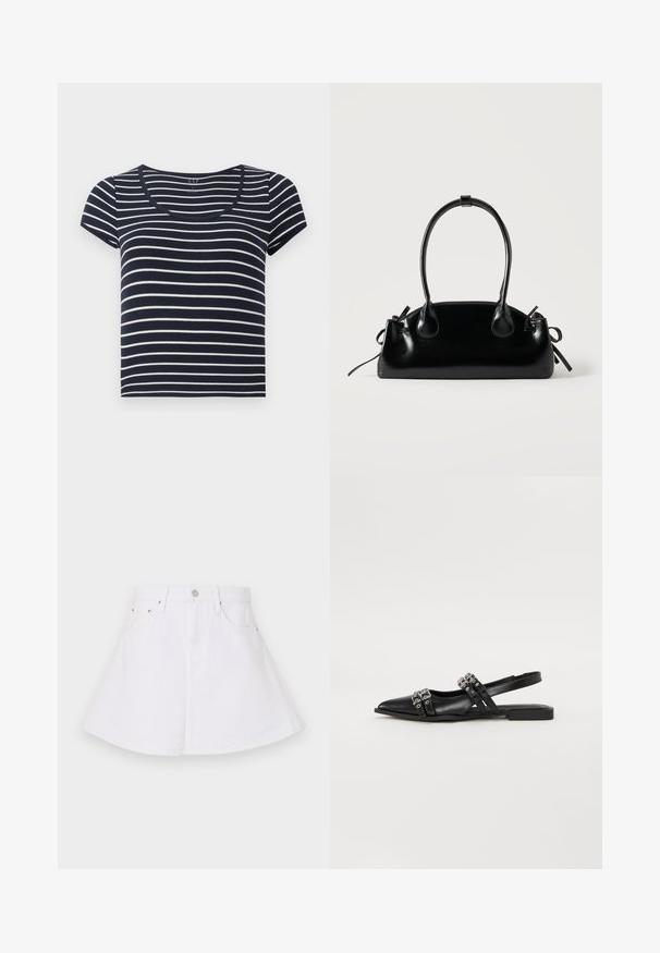 T-shirt à manches courtes rayé bleu marine et blanc avec un décolleté en scoop. Fabriqué en tissu doux, avec des rayures horizontales uniformes de largeurs variées.; Jupe en denim blanc au design évasé, avec une taille ajustée, cinq poches et une fermeture à bouton à l'avant. Texture lisse.; Even&Odd by Zalando Ballerines à brides arrière - black; Petit sac à main noir brillant avec deux longues anses et des détails à cordon sur les côtés sur un fond clair uni.