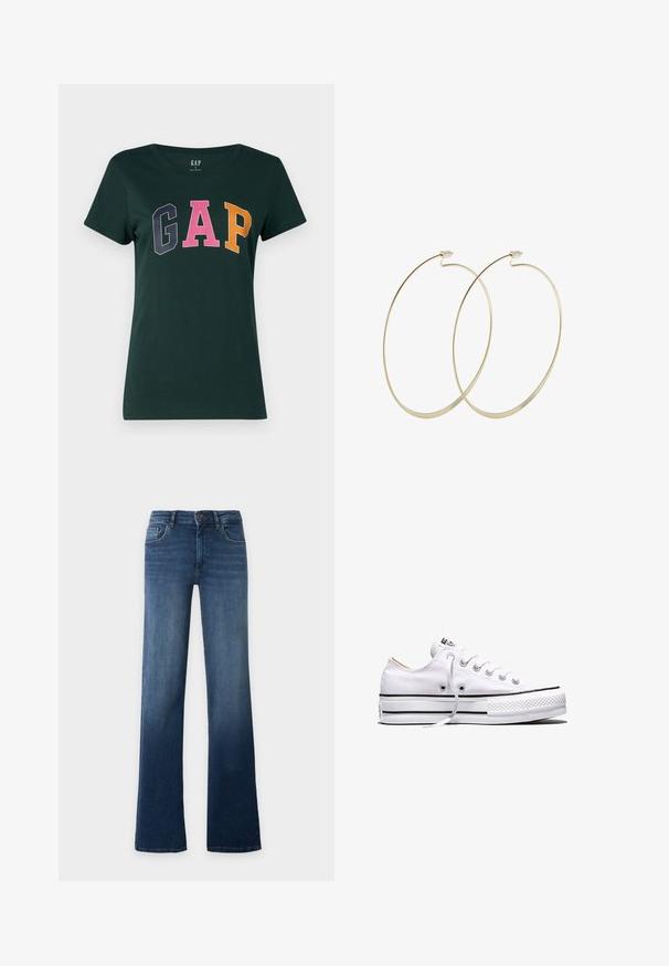 Donkergroene katoenen T-shirt met een ronde hals, met het woord "GAP" in grote, kleurrijke blokletters: marineblauw, roze en oranje.; Blauwe high-waist jeans met rechte pijpen, knoop- en ritssluiting, voor- en achterzakken, getoond op een effen lichte achtergrond.; Witte lage canvas sneaker met witte veters, zwarte strepen op de zool en een rubberen, getextureerde neuskap, zijaanzicht op een witte achtergrond.; Pilgrim Oorbellen - gold-coloured