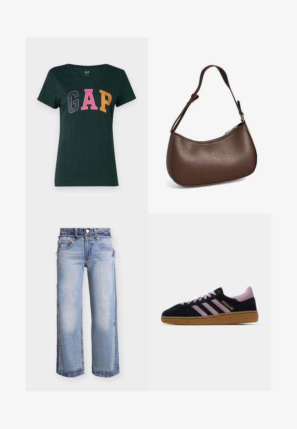 Donkergroene katoenen T-shirt met een ronde hals, met het woord "GAP" in grote, kleurrijke blokletters: marineblauw, roze en oranje.; Lichtblauwe jeans met wijde pijpen, gelaagde denimpanelen, rafelige randen en een standaard ontwerp met vijf zakken.; Zwarte en roze suede sneaker met rubberen zool, drie roze strepen, gouden "SPEZIAL" branding en een gestructureerde gumzool. Lage ontwerp.; Kleine bruine leren schoudertas met verstelbare band en ritssluiting, getoond tegen een witte achtergrond. Geen zichtbaar merk of versieringen.