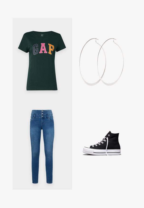 Donkergroene katoenen T-shirt met een ronde hals, met het woord "GAP" in grote, kleurrijke blokletters: marineblauw, roze en oranje.; Skinny jeans in blauwe denim, met een hoge taille en drie knoopsluitingen, voorzakken en een gladde textuur.; Zwarte hooggesloten canvas sneaker met witte rubberen zool en witte veters, zijwaarts weergegeven op een witte achtergrond.; Zilveren oorringen met een dun, glad ontwerp; langwerpige ovale vorm; gepolijste afwerking; voorzien van een veilige haaksluiting.