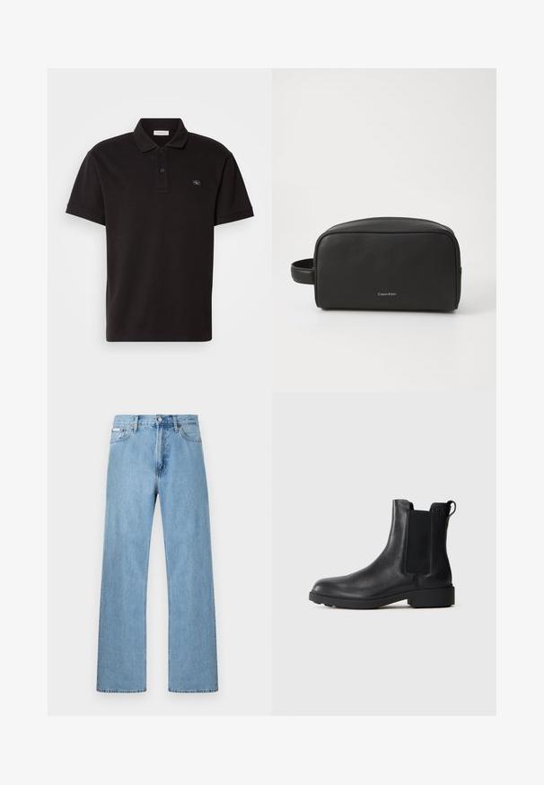 Polo negra hecha de tejido texturizado, con un collar clásico, tapeta de dos botones y un pequeño parche con logo en el pecho.; Vaqueros de mezclilla azul claro de pierna recta con diseño de cinco bolsillos y cierre de botón en la cintura, exhibidos sobre un fondo simple.; Botín negro de cuero hasta el tobillo con paneles laterales elásticos, tirador en el talón y suela baja de bloque sobre un fondo liso.; Neceser de cuero negro con superficie texturizada, forma redondeada y asa lateral. Presenta el logo de Calvin Klein en la parte frontal.