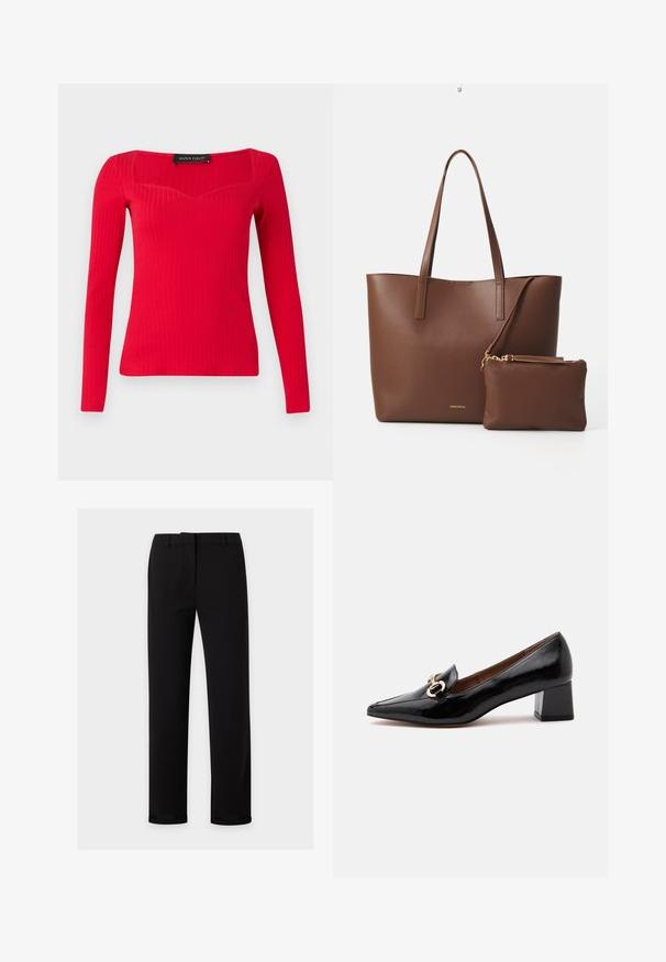 Haut à manches longues rouge côtelé avec un décolleté carré et une forme légèrement en cœur. Fabriqué en tissu extensible pour une silhouette ajustée.; Pantalon noir à jambes droites avec passants de ceinture, fermeture éclair à l'avant et une ceinture lisse, présenté sur un fond clair uni.; Mocassin en cuir verni noir à petit talon bloc, détail chaîne dorée sur le dessus, bout pointu et doublure intérieure marron.; Sac fourre-tout en simili cuir marron avec deux longues poignées et une pochette assortie. La surface présente un motif texturé et des accents en métal doré.