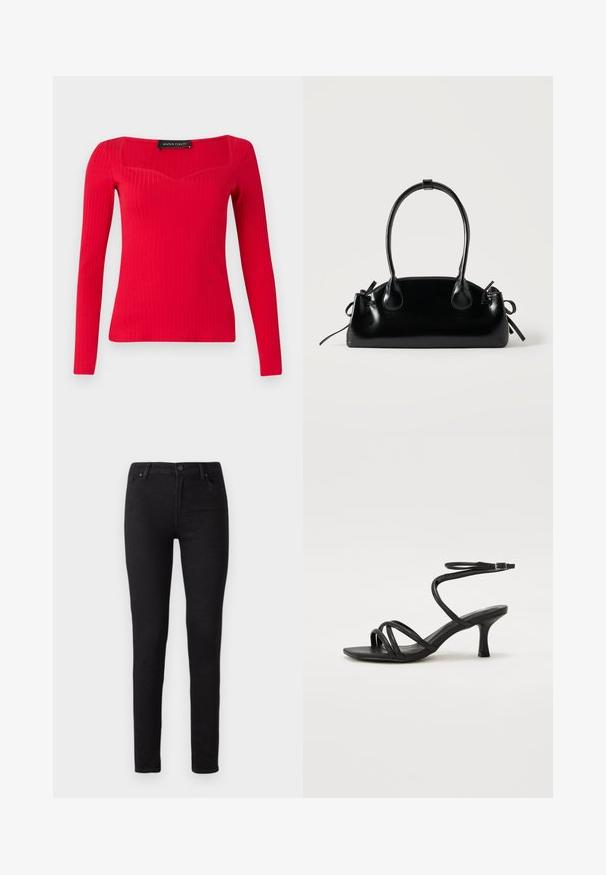 Haut à manches longues rouge côtelé avec un décolleté carré et une forme légèrement en cœur. Fabriqué en tissu extensible pour une silhouette ajustée.; Jean skinny noirs en denim, avec un design classique à cinq poches, fermeture à bouton et texture lisse.; Even&Odd Wide Fit by Zalando Sandales - black; Petit sac à main noir brillant avec deux longues anses et des détails à cordon sur les côtés sur un fond clair uni.
