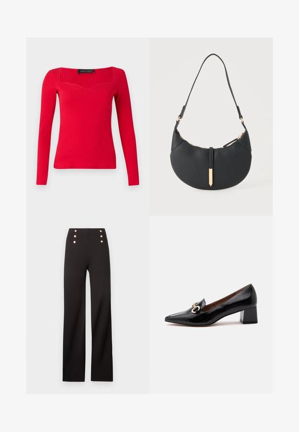 Haut à manches longues rouge côtelé avec un décolleté carré et une forme légèrement en cœur. Fabriqué en tissu extensible pour une silhouette ajustée.; Pantalon noir taille haute à jambes larges avec six boutons décoratifs dorés disposés en deux rangées verticales près de la taille.; Mocassin en cuir verni noir à petit talon bloc, détail chaîne dorée sur le dessus, bout pointu et doublure intérieure marron.; Sac à main noir en forme de croissant avec une bandoulière unique, une fermeture éclair dorée et une languette décorative rectangulaire dorée à l'avant.