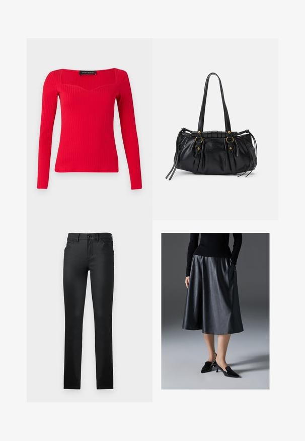 Haut à manches longues rouge côtelé avec un décolleté carré et une forme légèrement en cœur. Fabriqué en tissu extensible pour une silhouette ajustée.; TOM TAILOR TTLUCIE SKINNY FIT - Jeans Skinny - coated black denim; Jupe midi en cuir noir au toucher lisse ; elle dispose d'une taille et de poches latérales. Associée à des chaussures à talons noirs brillantes.; Sac à main en cuir noir avec une forme arrondie, deux poignées, des accents en matériel décoratif et des détails de liens sur les côtés. Texture lisse et brillante.