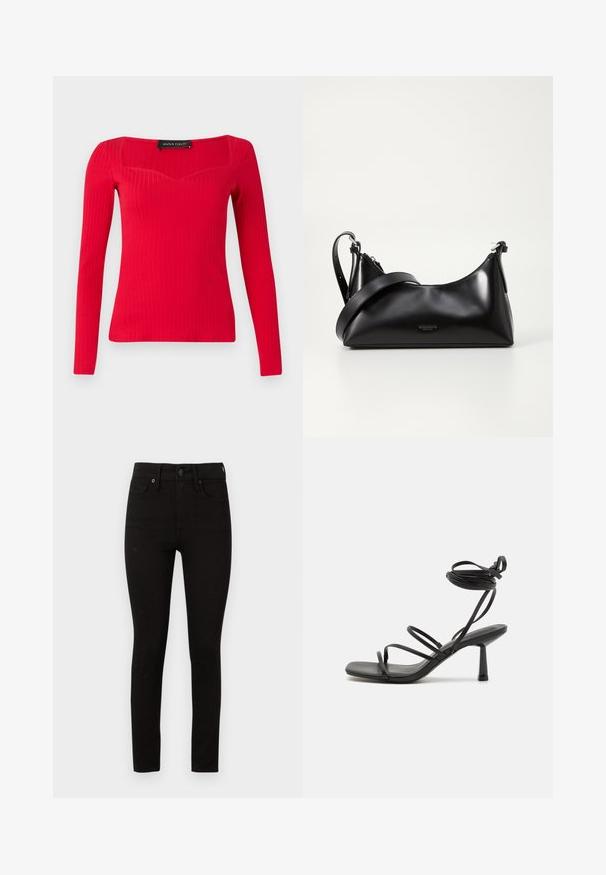 Haut à manches longues rouge côtelé avec un décolleté carré et une forme légèrement en cœur. Fabriqué en tissu extensible pour une silhouette ajustée.; Good American GOOD LEGS - Jeans Skinny - black; Sandale noire à lanières avec un bout carré, des liens de cheville réglables et un talon carré fin. Fabriquée en un matériau lisse et durable.; Sac à main en cuir noir avec une texture lisse. Dispose d'une bandoulière adjustable et d'un design élégant et minimaliste avec une fermeture éclair.