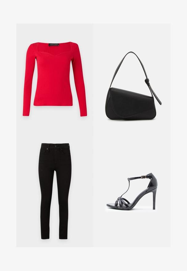 Haut à manches longues rouge côtelé avec un décolleté carré et une forme légèrement en cœur. Fabriqué en tissu extensible pour une silhouette ajustée.; Good American GOOD LEGS - Jeans Skinny - black; Sandale à talons hauts en cuir verni noir avec des fines lanières, design en T, fermeture à boucle et silhouette élégante et courbée.; Sac à main en cuir noir de forme triangulaire, avec un rabat incliné et une poignée supérieure arrondie. Il présente une texture lisse et des détails de design minimalistes.