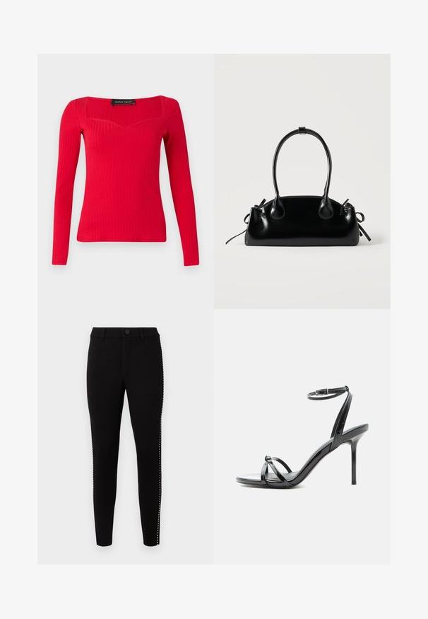 Haut à manches longues rouge côtelé avec un décolleté carré et une forme légèrement en cœur. Fabriqué en tissu extensible pour une silhouette ajustée.; Pantalons de yoga noirs à coupe ajustée, avec poches avant et une bande décorative sur le côté ornée de petits clous.; Sandale à talon haut en cuir verni noir avec de fines lanières croisées sur les orteils et une sangle à boucle à la cheville sur fond blanc.; Petit sac à main noir brillant avec deux longues anses et des détails à cordon sur les côtés sur un fond clair uni.