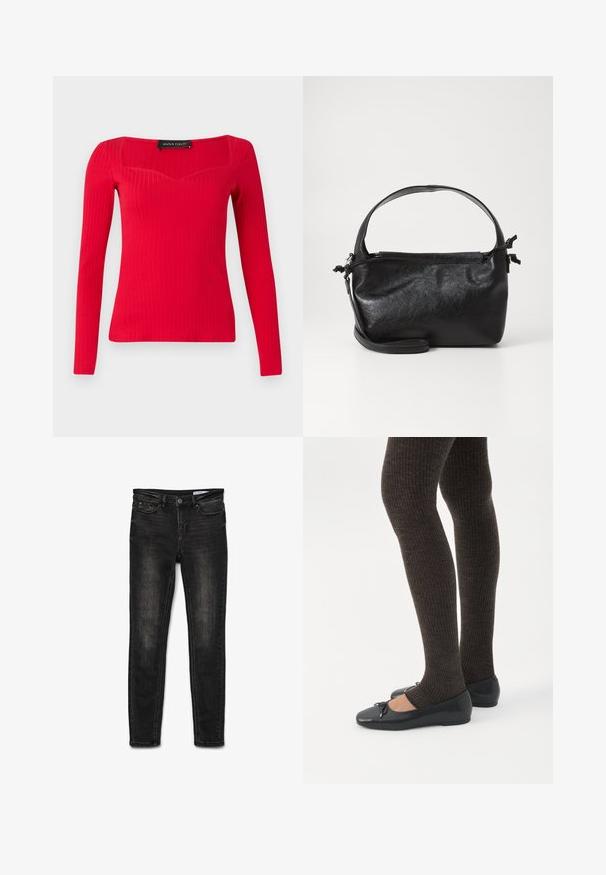 Rød ribbet langærmet bluse med firkantet halsudskæring og subtil hjerteform. Fremstillet af strækbart stof for en tætsiddende silhuet.; Sorte denim skinny jeans med en mellemhøj talje, klassisk 5-lomme design, let falmning på hofterne og lukning med metalknap.; Ben iført mørke ribbede leggings kombineret med sorte balletsko med små sløjfedetaljer på hvid baggrund.; Sort læderhåndtaske med et struktureret design, rund tophåndtag og aftagelig skulderrem. Den har en glat tekstur og en subtil glans.