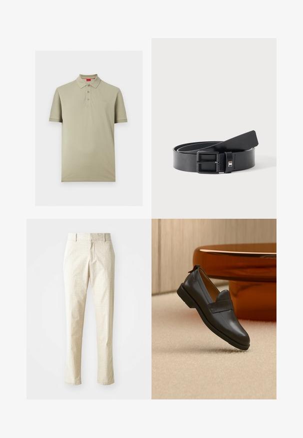 Polo beige clair à manches courtes avec trois boutons et un petit logo "HUGO" sur la poitrine gauche.; Pantalons ajustés beige clair avec un motif texturé, coupe droite, et taille mi-haute, dotés de passants de ceinture et sans poches visibles.; Mocassin en cuir noir à talon bas flottant au-dessus d'un tapis beige, à côté d'une table brillante couleur ambre dans une pièce minimaliste.; Ceinture en cuir noir avec boucle métallique noire mate, légèrement enroulée avec l'extrémité de la lanière reposant sur une surface blanche.