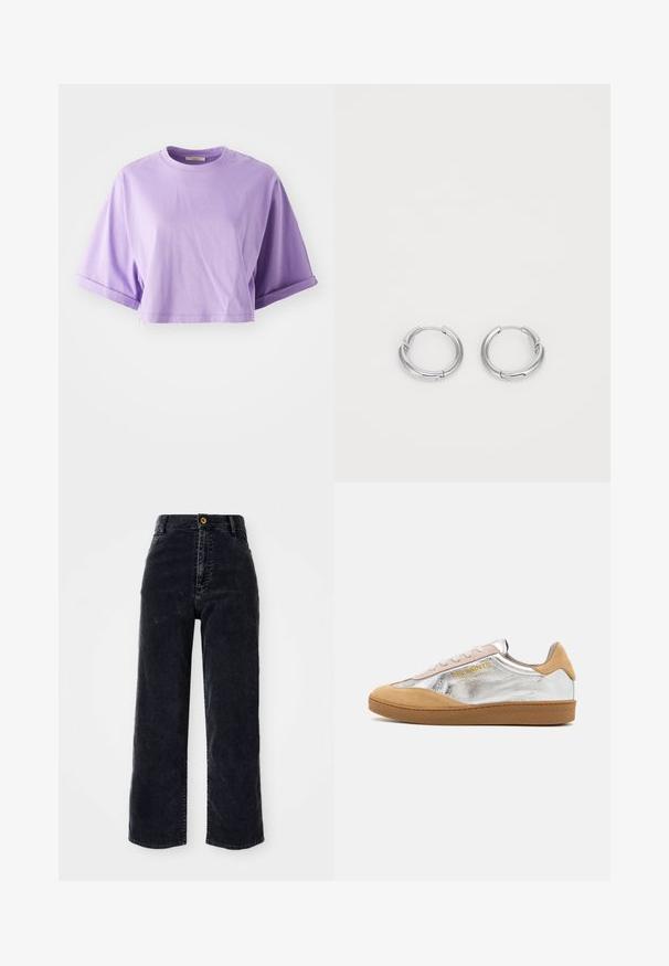 Kurzärmliges, gekürztes T-Shirt aus leichtem lila Baumwollstoff. Mit Rundhalsausschnitt und umgeschlagenen Ärmeln, glatte Textur mit minimaler Details.; Hoch taillierte, weit geschnittene schwarze Denim-Jeans mit einem Frontknopfverschluss und zwei seitlichen Taschen, die dezente Nähdetails aufweisen.; Silberne und beige Wildleder-Sneaker mit einer strukturierten Gummisohle, beigen Schnürsenkeln und einem in Gelb auf der Seite aufgedruckten Logo.; Silberne Creolen mit glatter, polierter Oberfläche. Kreisform mit einem kleinen Verschlussdetail für den Schließmechanismus. Minimalistisches Design, leicht.