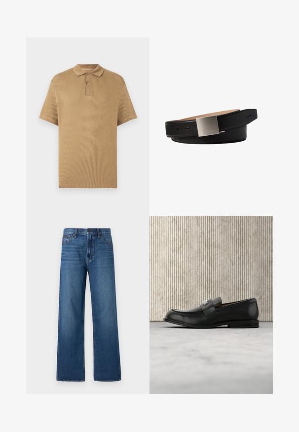 Polo en maille beige à manches courtes avec motif texturé, patte de boutonnage à deux boutons et col classique sur fond blanc.; Jean bleu à taille haute et coupe droite, avec bouton et fermeture éclair à l'avant, cinq poches, et un petit patch de marque sur la poche droite.; Mocassin en cuir noir avec une plaque de marque en métal reposant près d'une table ronde marron sur un sol recouvert de moquette beige.; Ceinture en cuir noire avec une boucle carrée en argent gravée d'un petit logo Calvin Klein sur fond blanc.