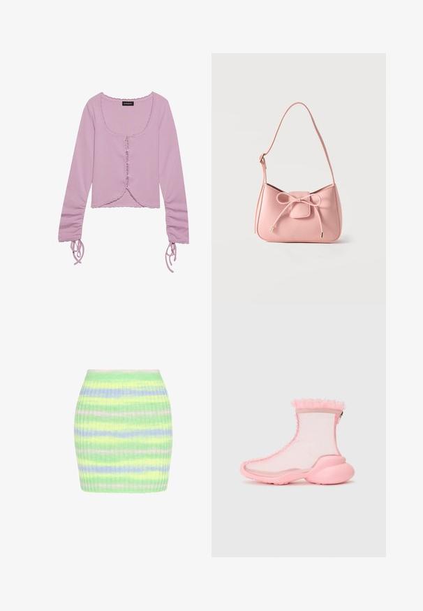 Lilak lange mouwen cropped top met een vierkante hals, knoopsluiting aan de voorkant, ruches aan de randen en verstelbare strikdetails op de mouwen.; Geribbelde minirok met horizontale strepen in groen, geel en blauw, met een zachte pastelkleurenpalet en een aansluitende tailleband.; Collina Strada RUFFLE BOOTS - Lage laarzen - pink; Kleine schoudertas in pastelroze met verstelbare band en een strikdetail aan de voorkant met goudkleurige uiteinden, afgebeeld op een effen achtergrond.