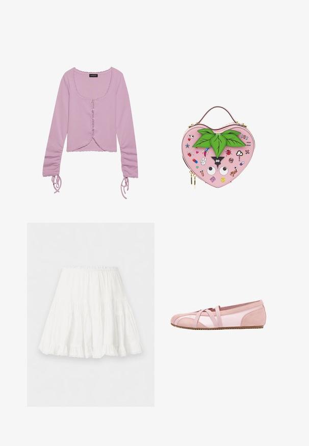 Lilak lange mouwen cropped top met een vierkante hals, knoopsluiting aan de voorkant, ruches aan de randen en verstelbare strikdetails op de mouwen.; Witte getrapte rok met elastische tailleband en ruches aan de zoom, gemaakt van lichtgewicht stof.; Lichtroze ballerinas met suède accenten en gekruiste elastische bandjes, voorzien van een vlakke rubberen zool en een ronde neus.; Hartvormige roze handtas met groene blaadjes bovenop en verschillende kleurrijke cartoonpatches, waaronder ogen, een lieveheersbeestje en emoji's.